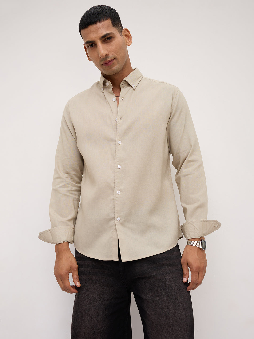 Luxe Laurel Green Button-Down Collar Linen Blend Shirt