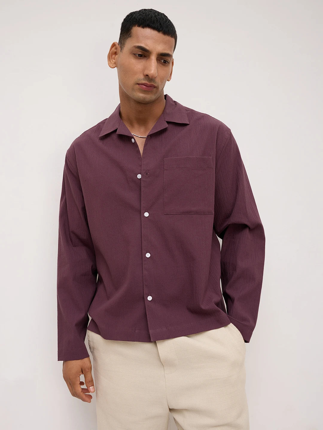 Purple Fine Textured Oversized Notch Collar Shirt