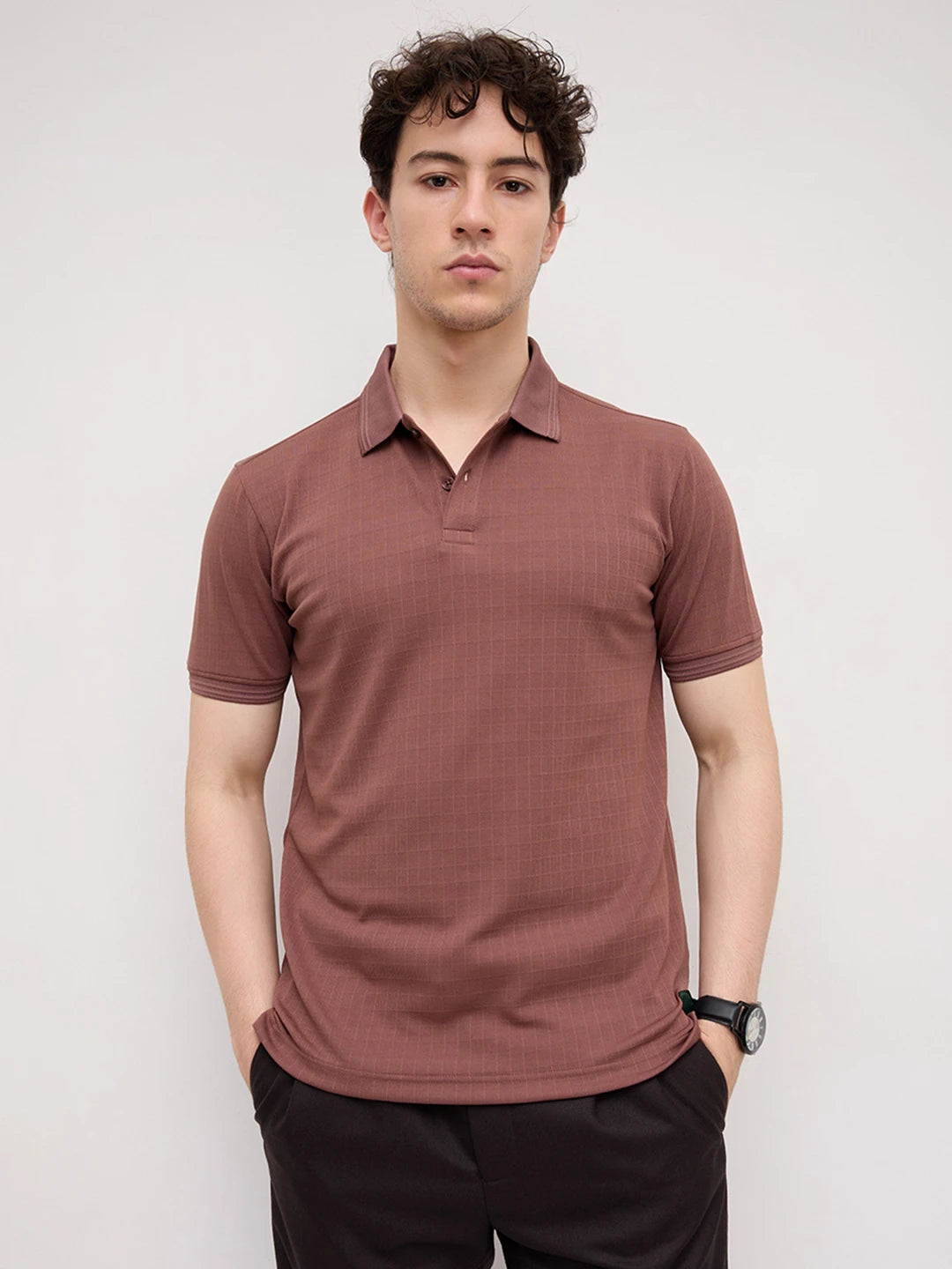 Cocoa Brown Checks Weave Polo Tee