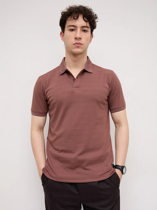 Cocoa Brown Checks Weave Polo Tee