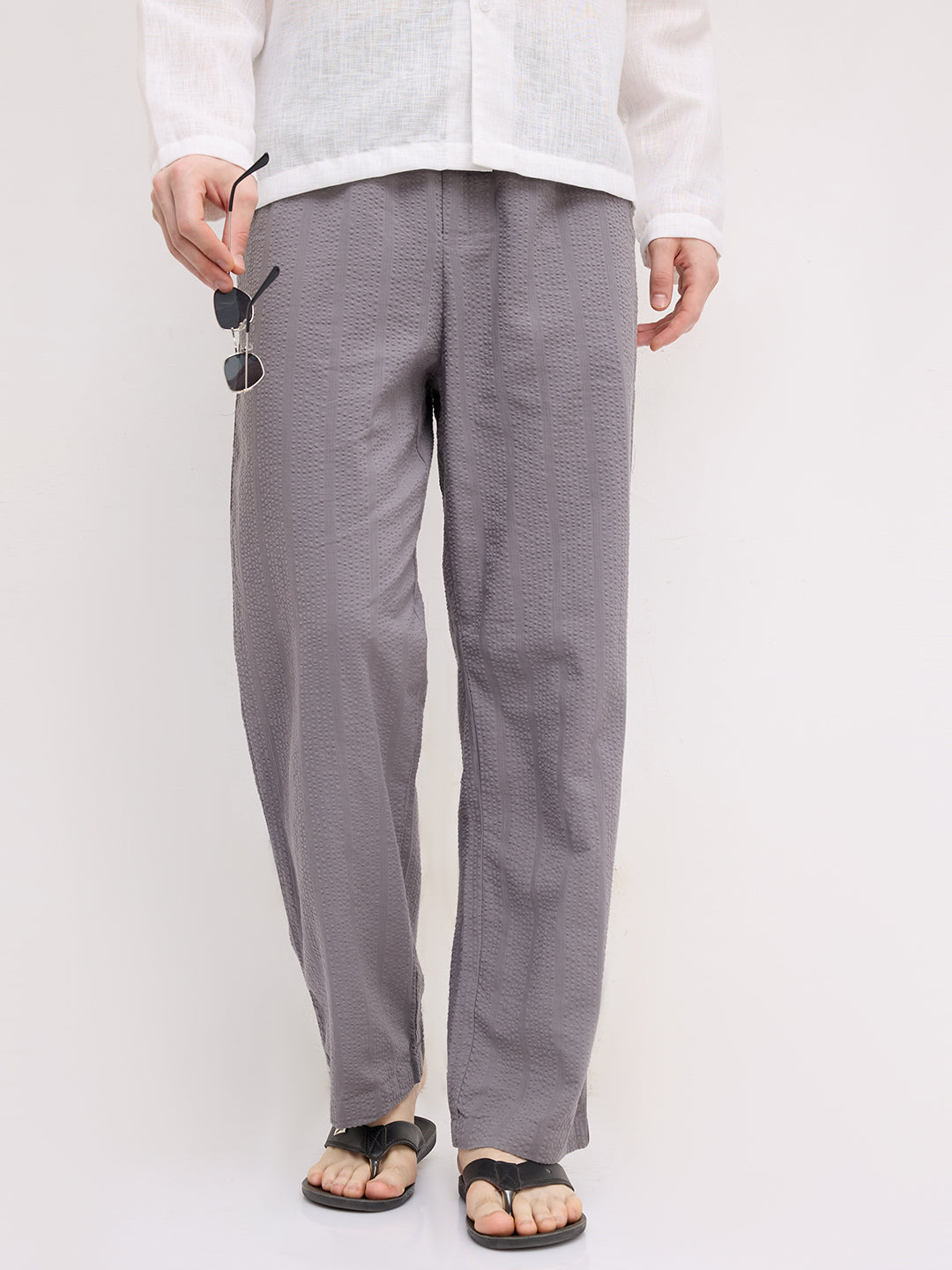 Solid Grey Seersucker Striped Straight Fit Trousers