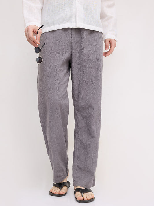 Solid Grey Seersucker Striped Straight Fit Trousers