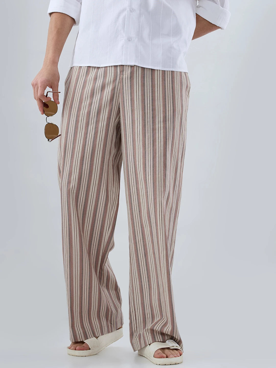 Brown Contrast Striped Wide Leg Trousers