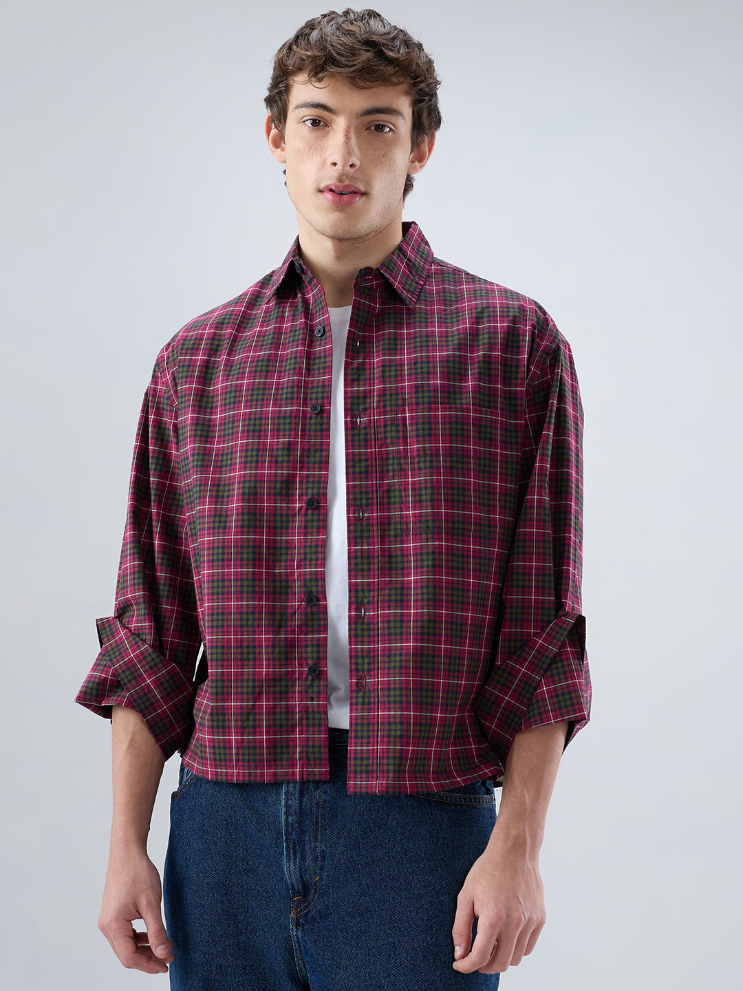 Pink & Olive Plaid Checks Cuffless Oversized Crop Shirt