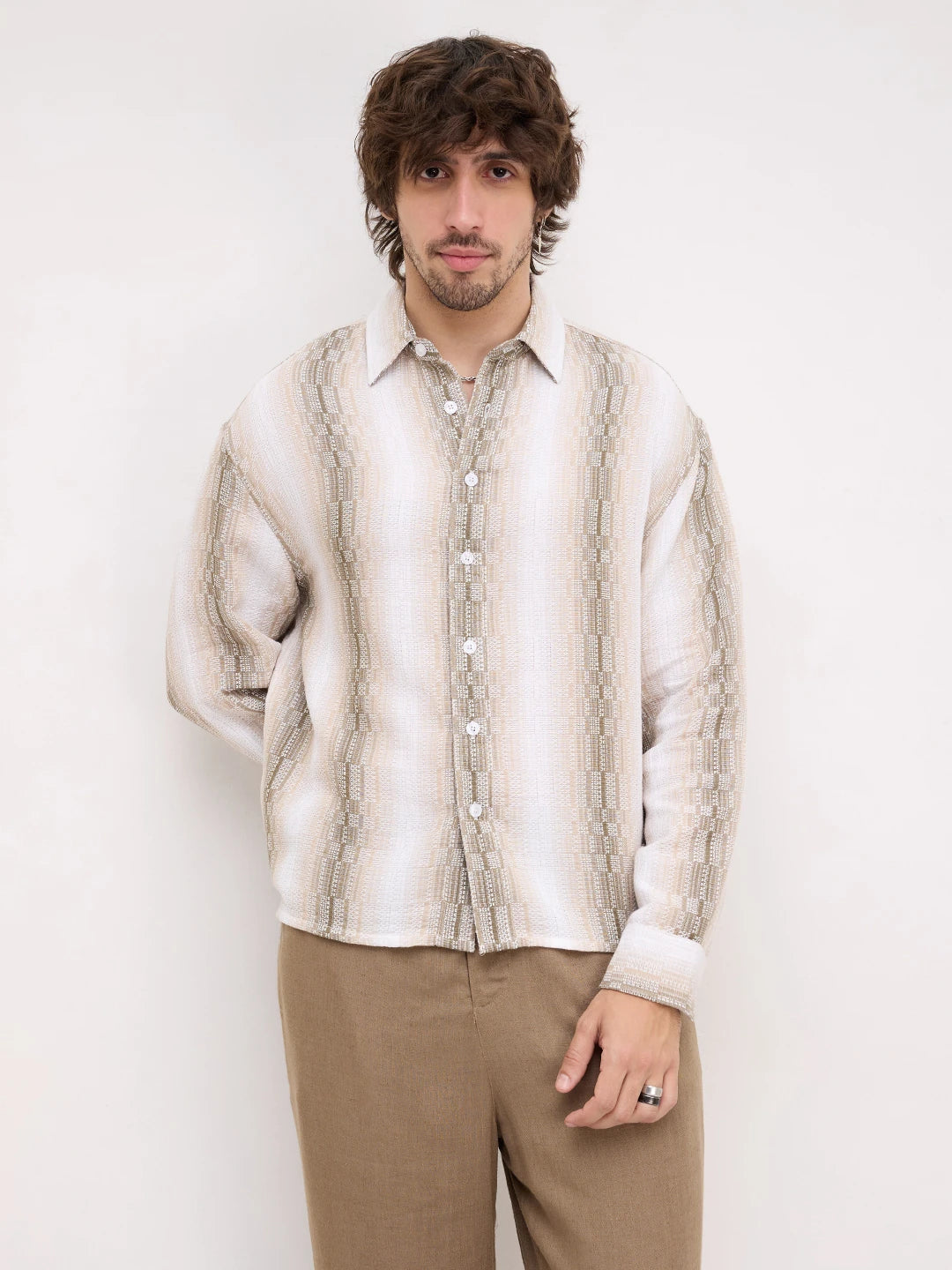 Beige & Olive Interlock Loom Striped Boxy Fit Crop Shirt