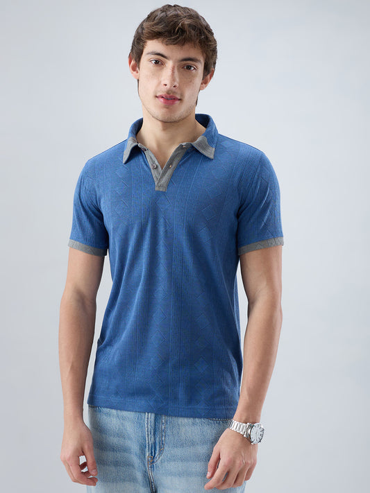 Denim Blue Constrast Polo Neck Knit T-shirt