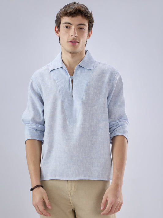 Sky Blue Textured Cuffless Oversized Shirt