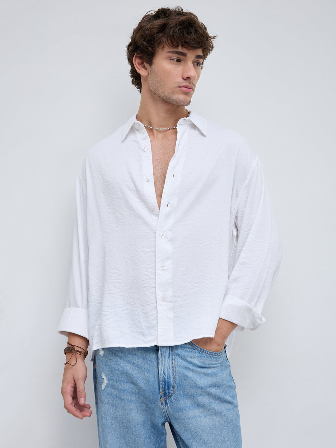 Soft Snow White Crinkled Boxy Fit Crop Shirt