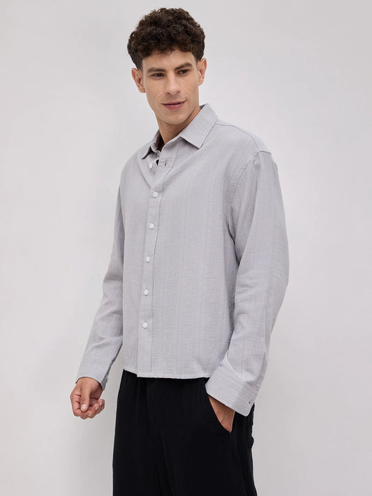 Frost Grey Double Cloth Seersucker Striped Boxy Fit Crop Shirt