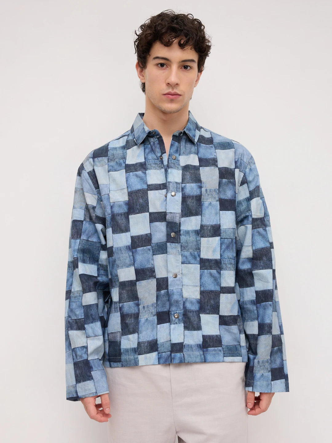 Ocean Blue Abstract Printed Cuffless Oversized Shirt