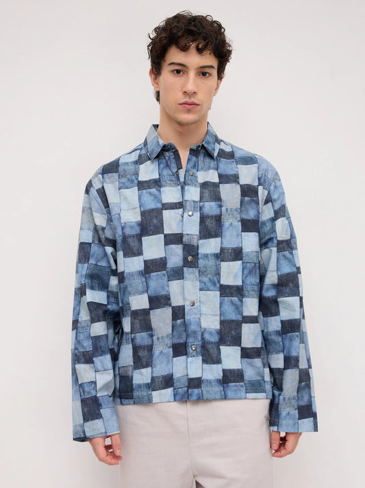 Ocean Blue Abstract Printed Cuffless Oversized Shirt