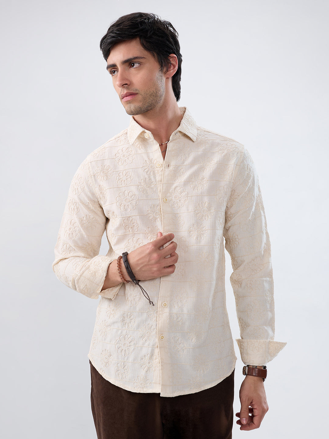Serene Whispering Bloom Beige Embroidered Shirt