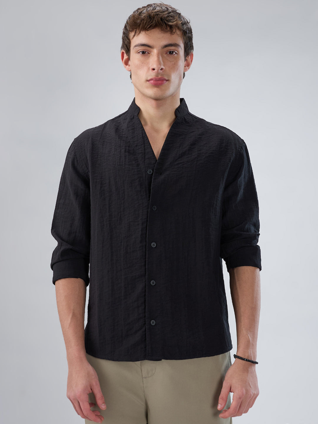 Ink Black Textured Stand Collar Oversized Shirt