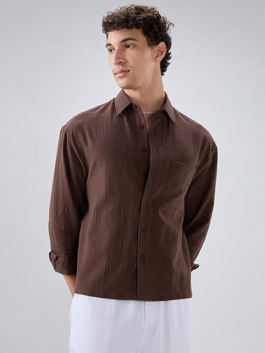 Chocolate Brown Micro Box Textured Boxy Fit Crop Shirt