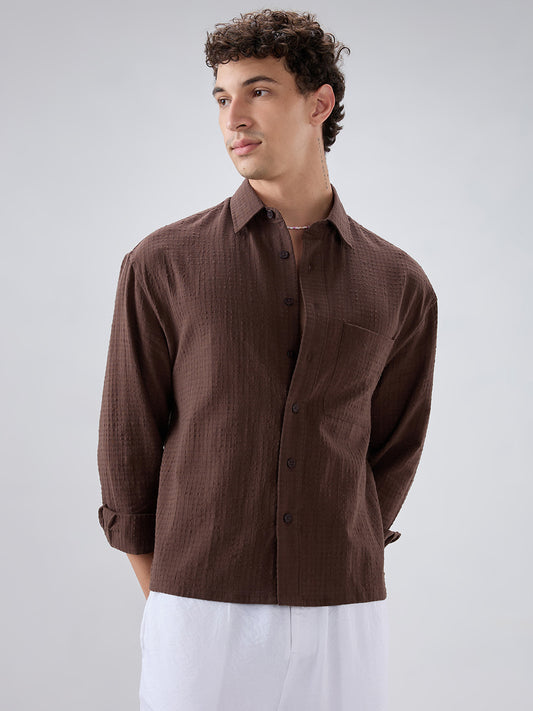 Chocolate Brown Micro Box Textured Boxy Fit Crop Shirt