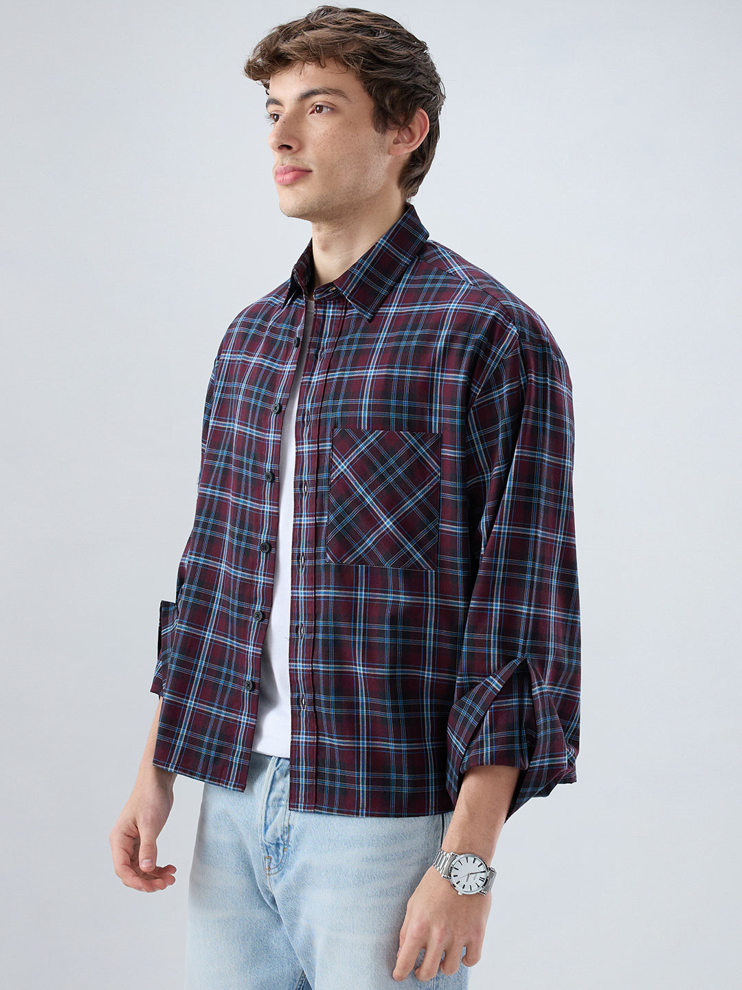 Brown & Blue Plaid Checks Cuffless Oversized Crop Shirt