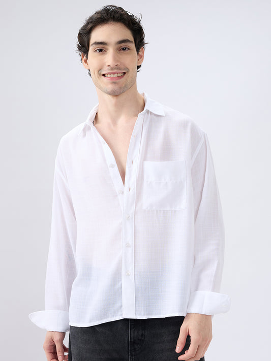 Pearl White Subtle Textured Boxy Fit Crop Shirt