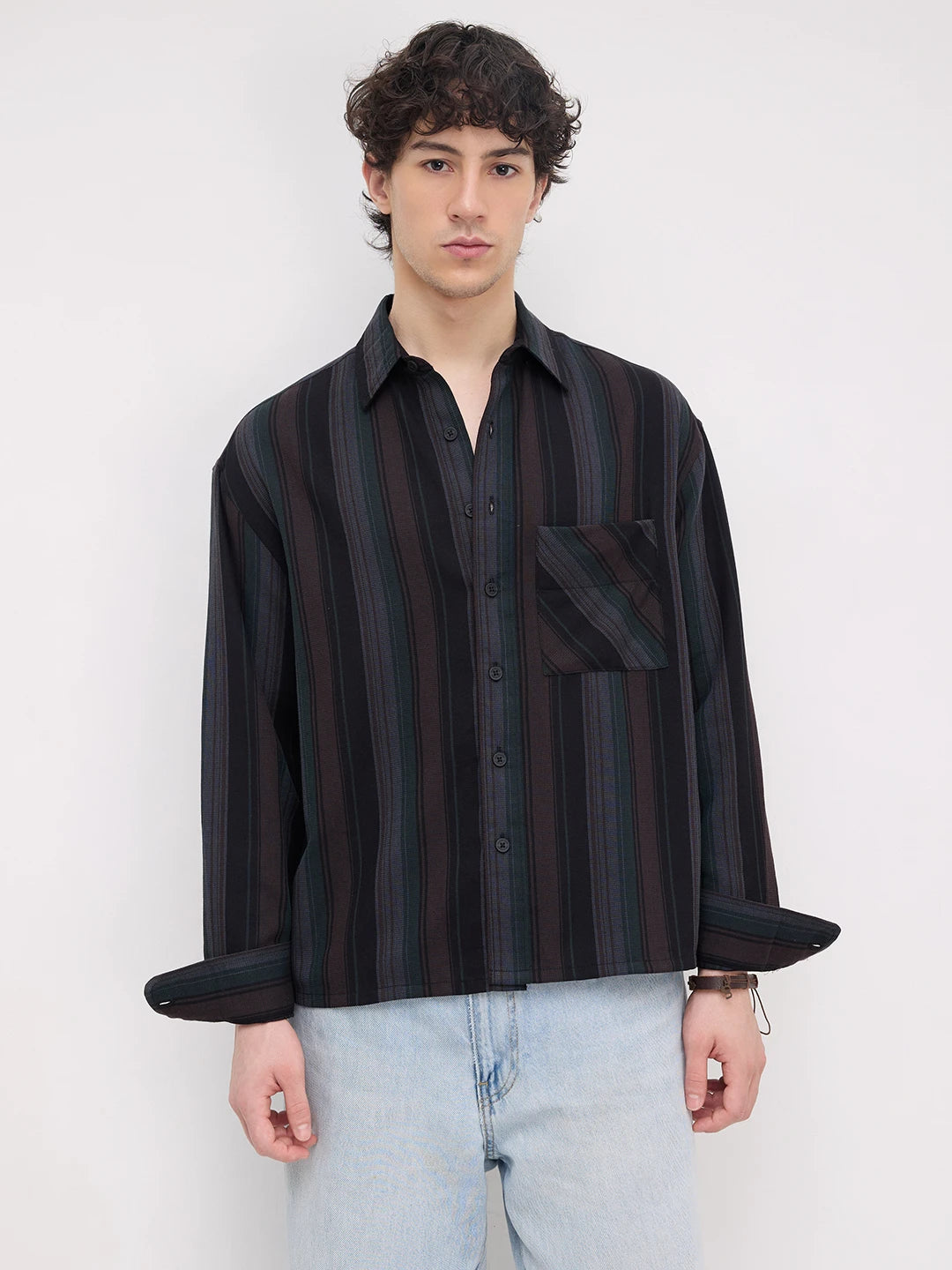 Luxe Coffee Brown Multi-Striped Boxy Fit Crop Shirt
