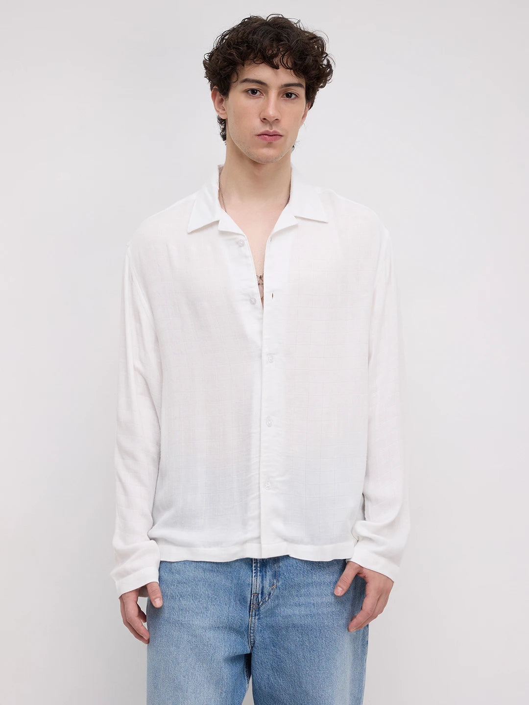 Cloud White Square Weave Double Cloth Notch Collar Oversized Shirt