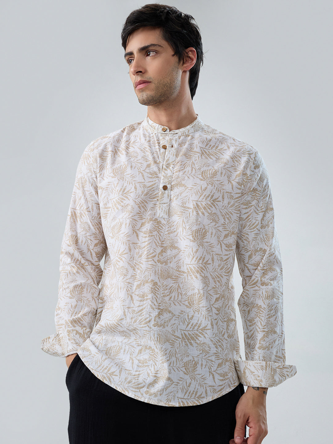 Classic Beige Leaf Printed Kurta