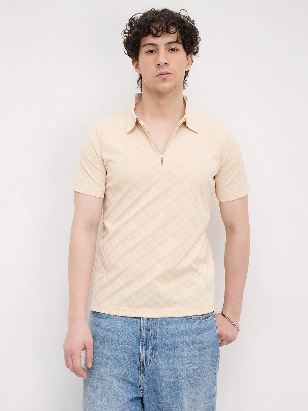 Cream Diamond Embossed Zip Polo Tee