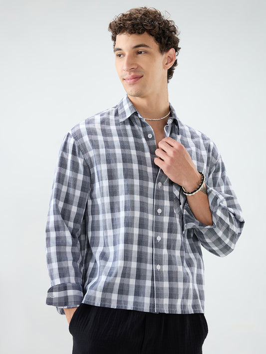 Monochrome Dual Scale Grid Weave Boxy Fit Crop Shirt