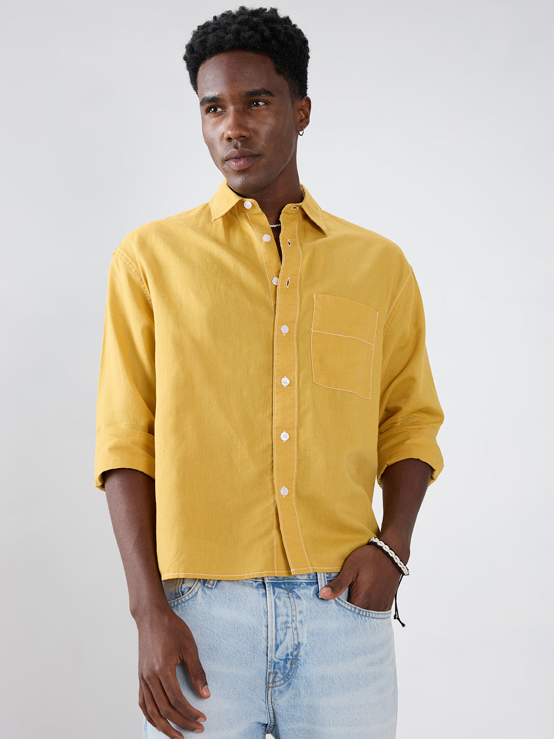 Luxe Mustard Contrast Stitch Linen Blend Boxy Fit Crop Shirt