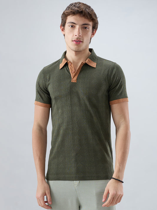 Olive Contrast Polo Neck Knit T-shirt