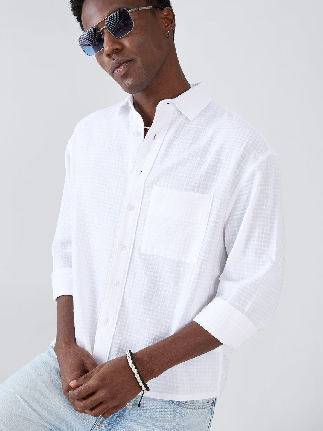 Snow White Micro Grid Textured Weave Boxy Fit Crop Shirt