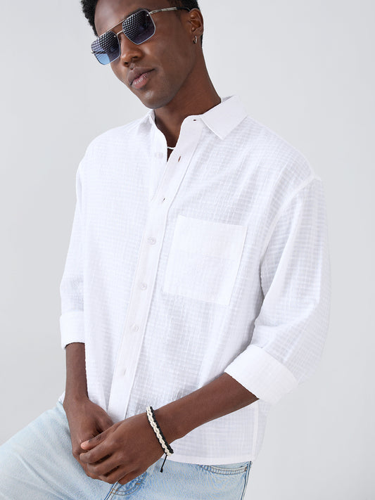 Snow White Micro Grid Textured Weave Boxy Fit Crop Shirt