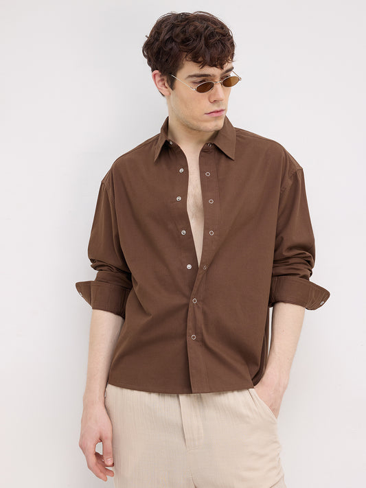 Luxe Chocolate Brown Cord Boxy Fit Crop Shirt