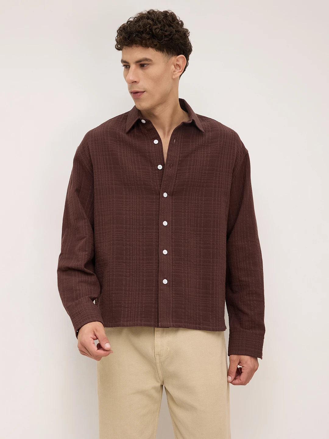Brunette Brown Double Cloth Gauze Textured Boxy Fit Crop Shirt