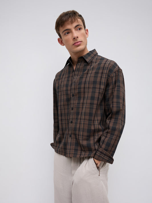 Vintage Roast Brown Fine Checks Boxy Fit Crop Shirt