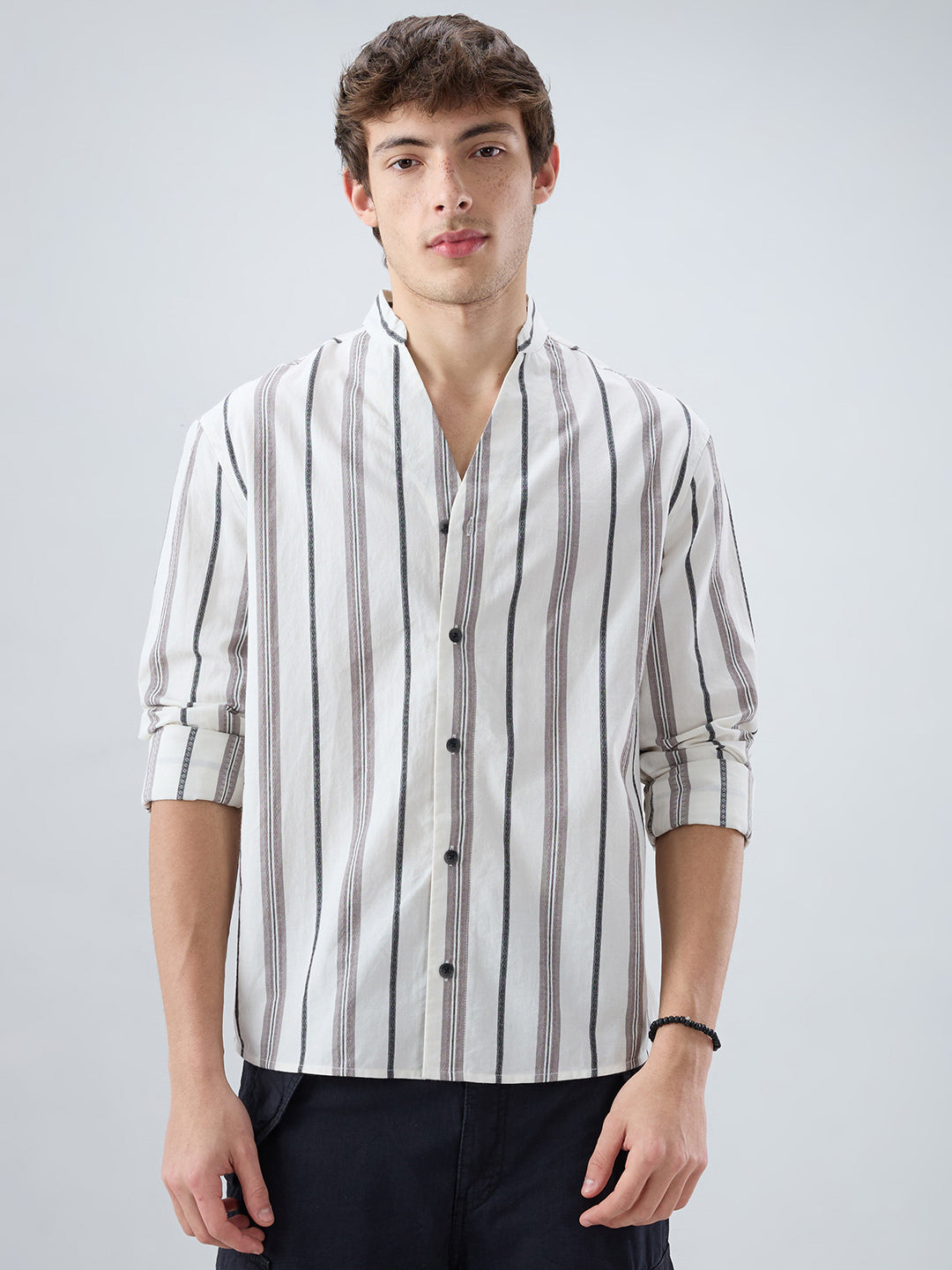 White Intricate Motif Contrast Striped Stand Collar Oversized Shirt