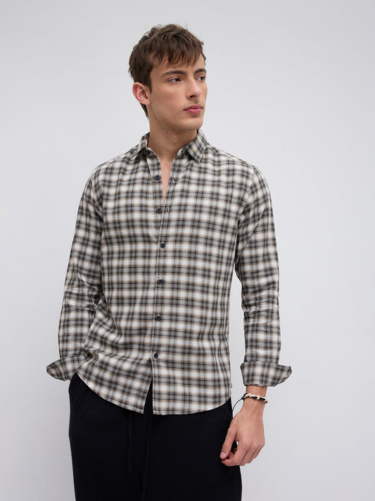 Beige & Black Interlock Plaid Checks Textured Shirt