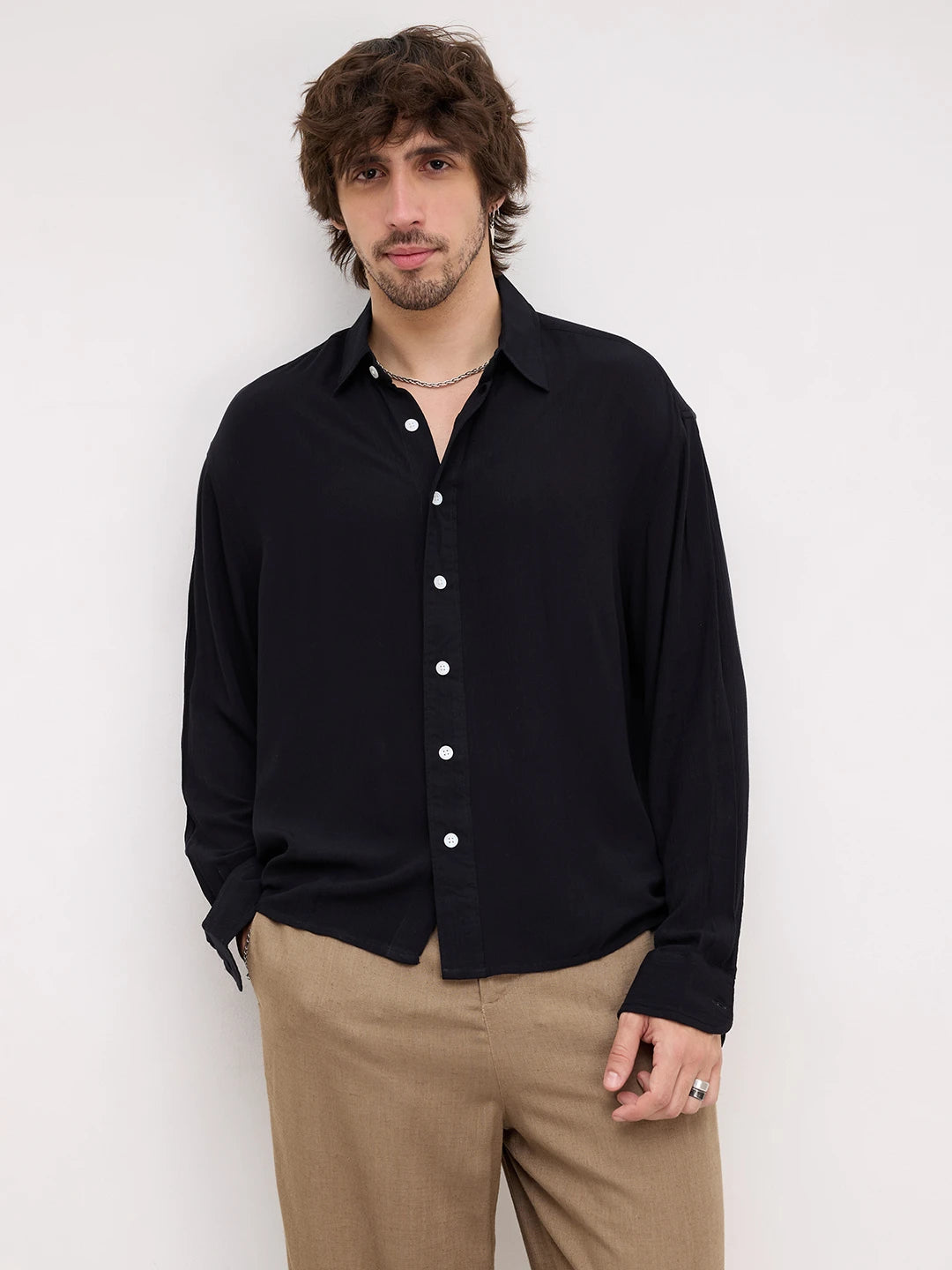 Iconic Black Crepe Textured Boxy Fit Shirt