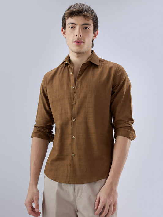 Russet Brown Micro Grid Weave Textured Shirt