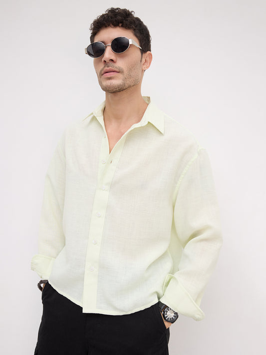 Soft Willow Mist Sheer Weave Boxy Fit Crop Shirt