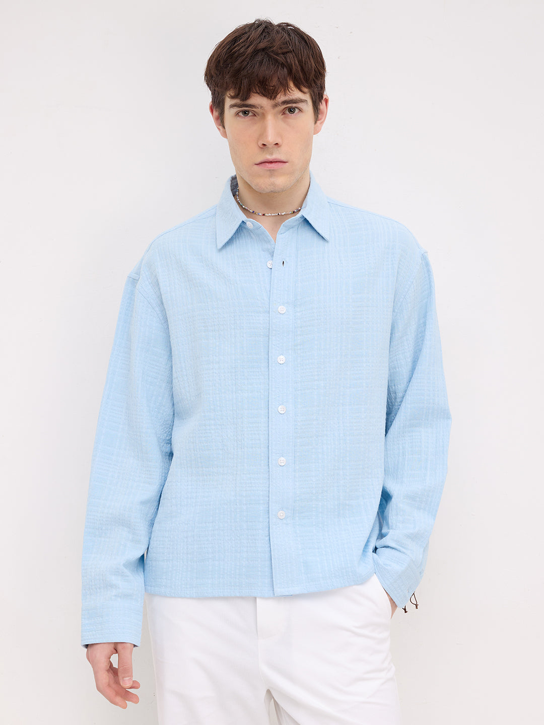 Ice Blue Geometrical Textured Boxy Fit Crop Shirt