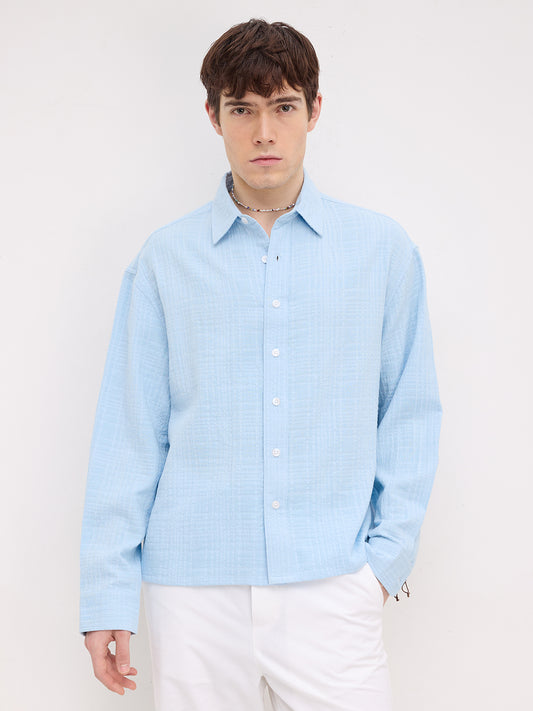 Ice Blue Geometrical Textured Boxy Fit Crop Shirt