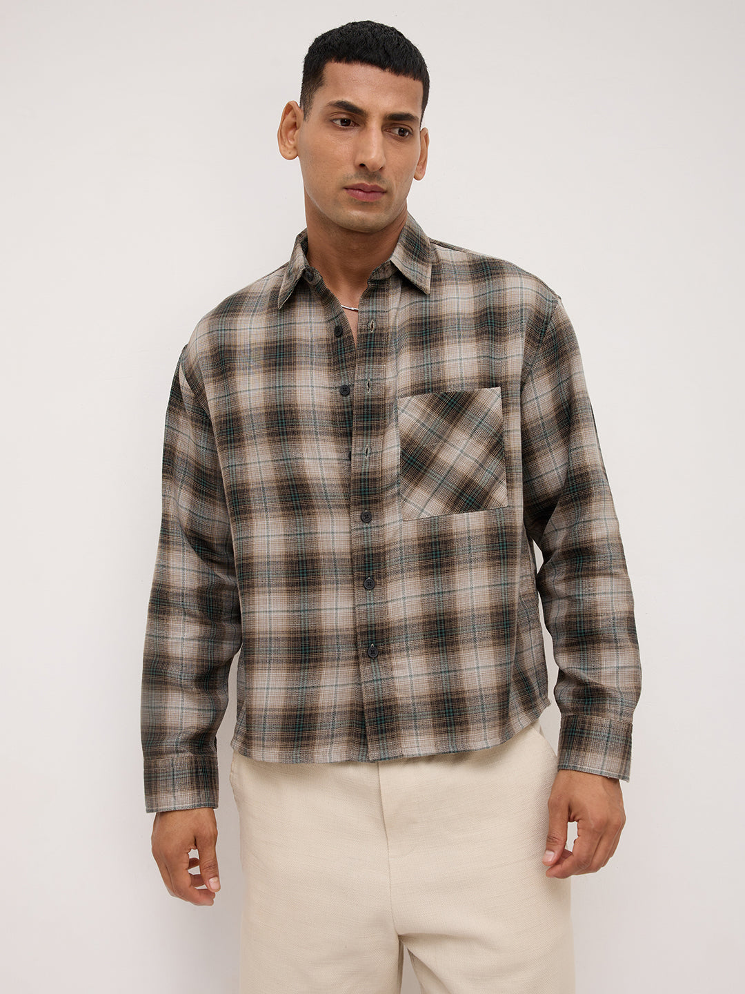 Shadow Grid Checks Multi Weave Boxy Fit Crop Shirt