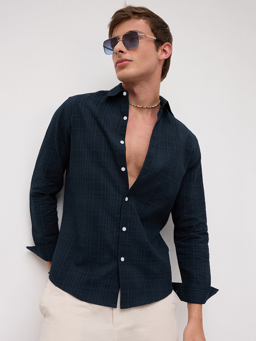 Plush Teal Ledger Checks Double Cloth Shirt