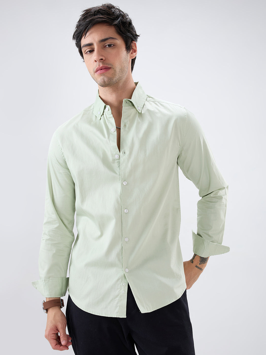 Tea Green Button-Down Collar Satin Shirt