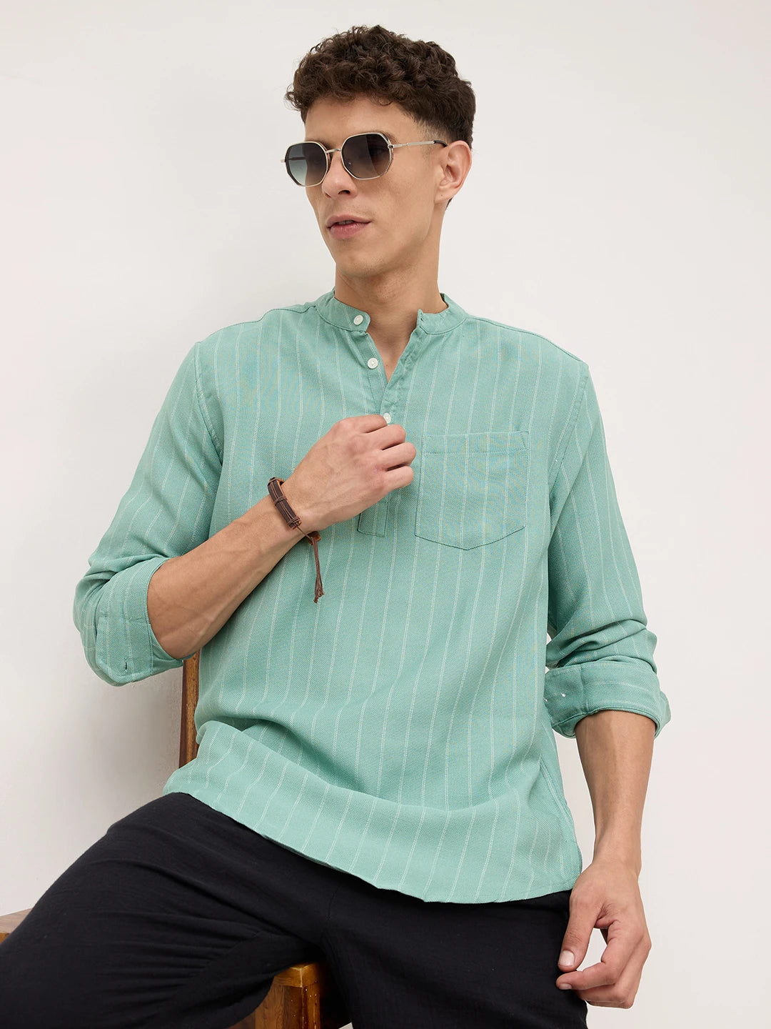 Fern Green Chalk Striped Kurta