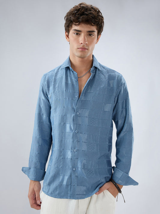 Teal Blue Block Checks Motif Embossed Textured Shirt