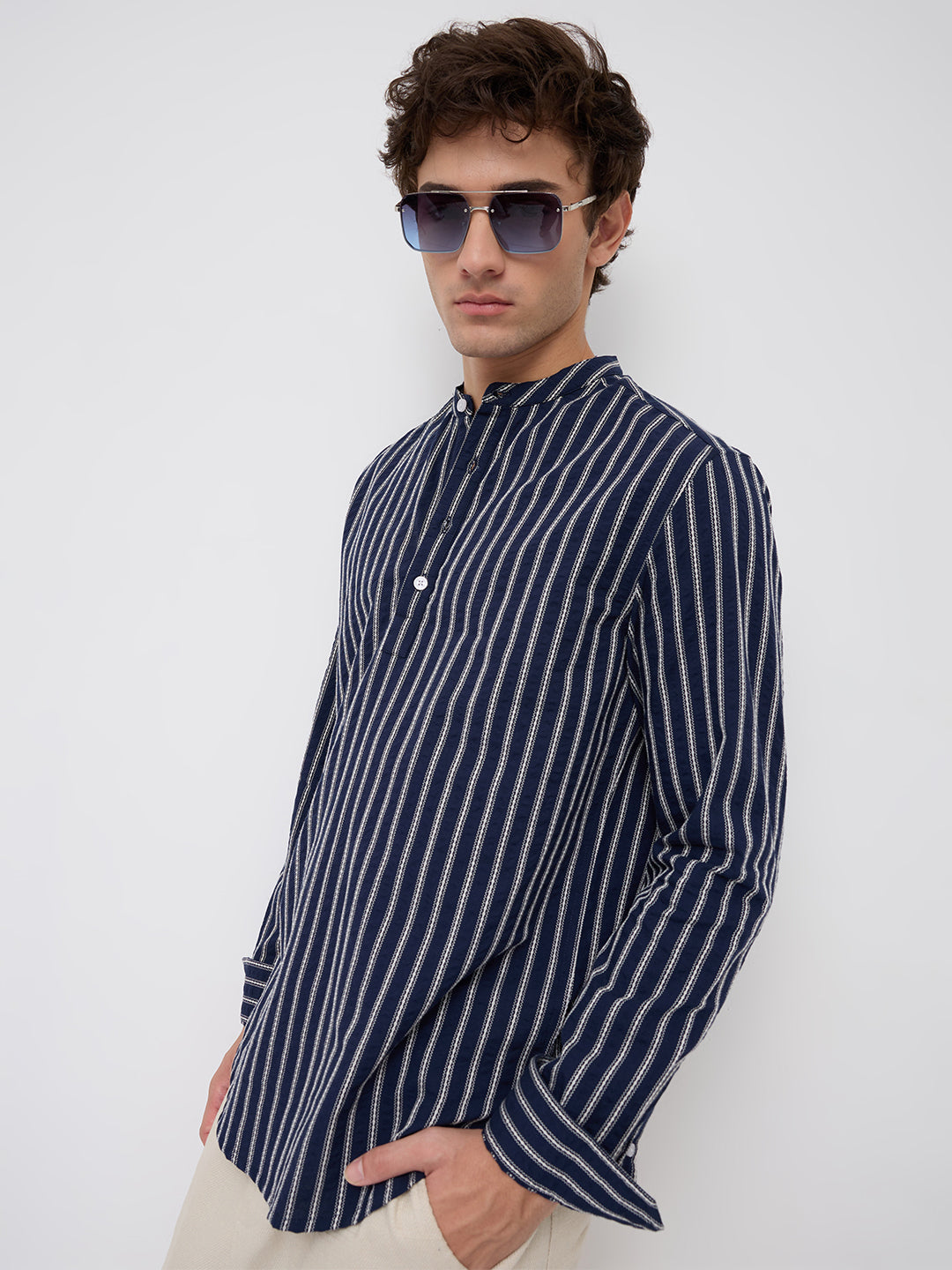 Luxe Coastal Navy Motif Seersucker Embroidered Striped Kurta