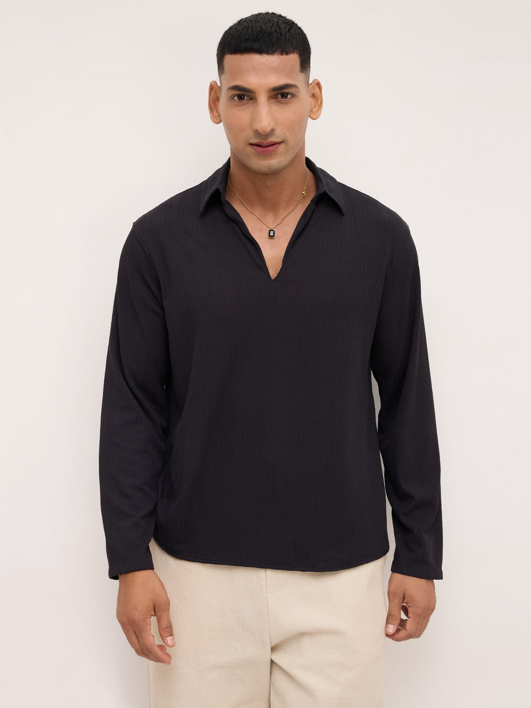 Black Linework Airknit Oversized Polo Shirt