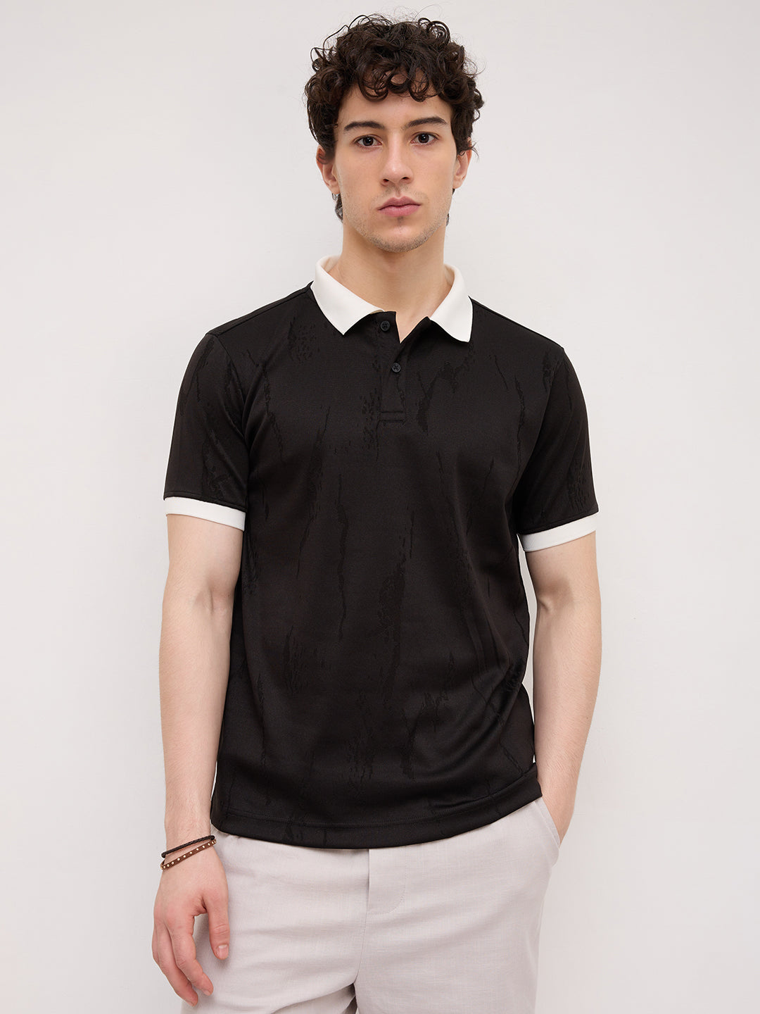 Intricate Black Textured Contrast Polo Knit T-Shirt