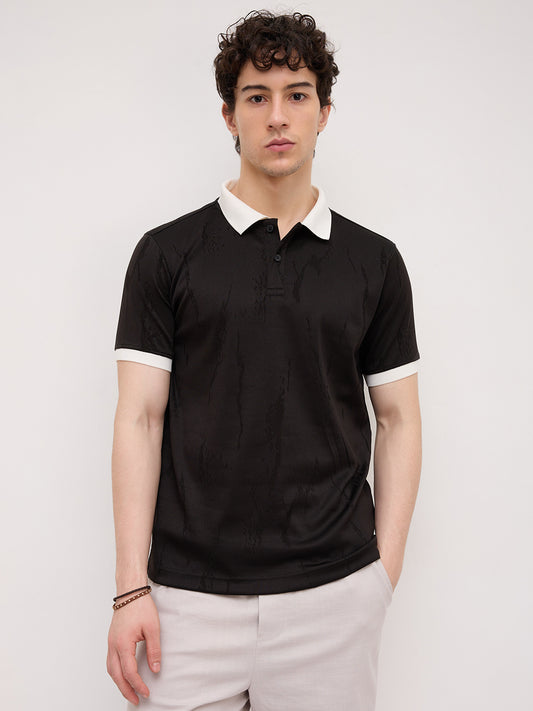 Intricate Black Textured Contrast Polo Knit T-Shirt