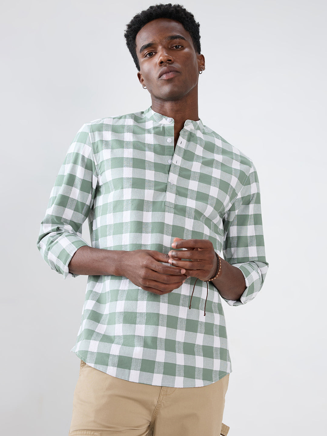 Premium Dusty Seafoam Green Textured Checks Kurta